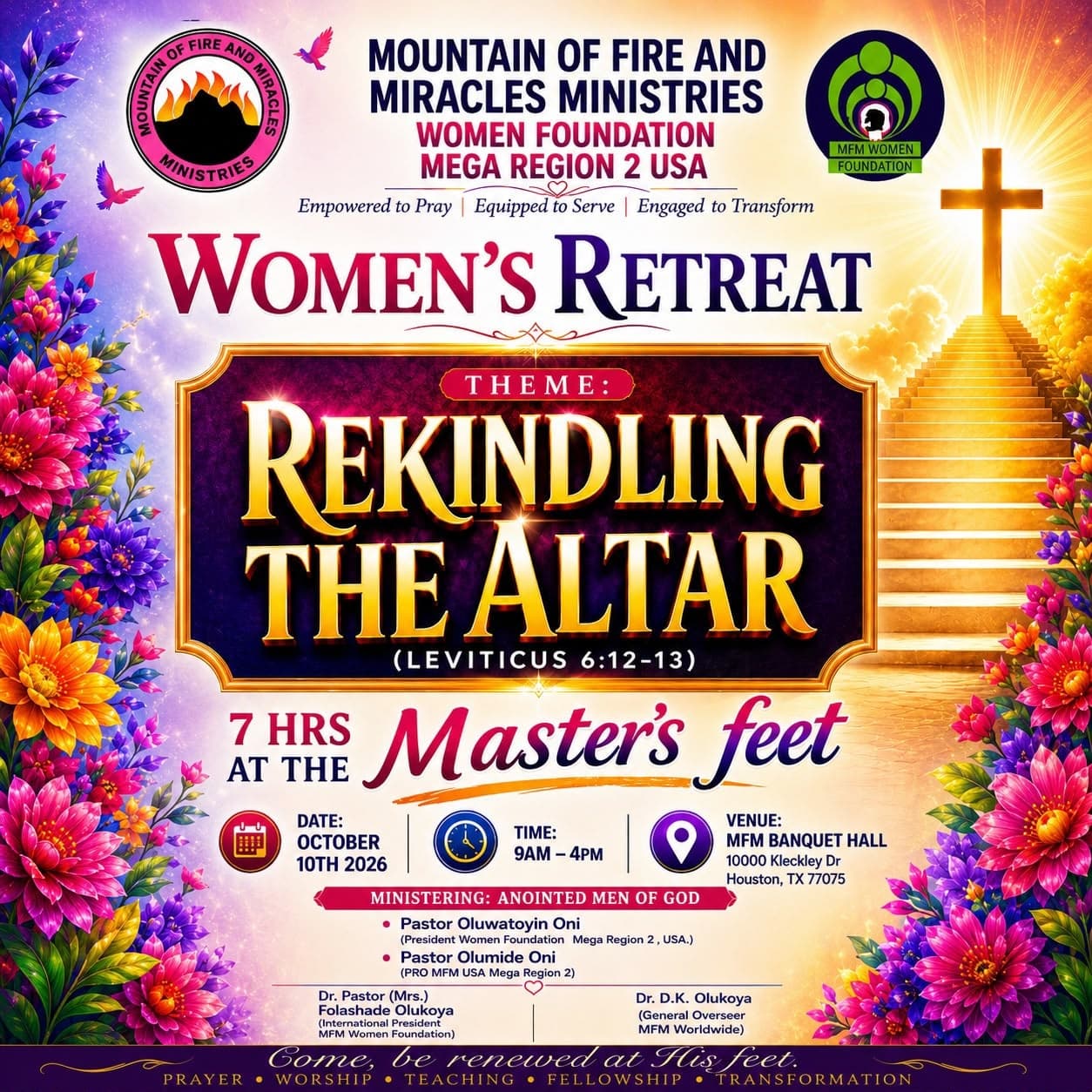 Women's Retreat 2026 flyer: Rekindling the Altar, hosted by M.F.M Women Foundation Mega Region 2 USA, October 10 2026 at the MFM Banquet Hall in Houston, Texas